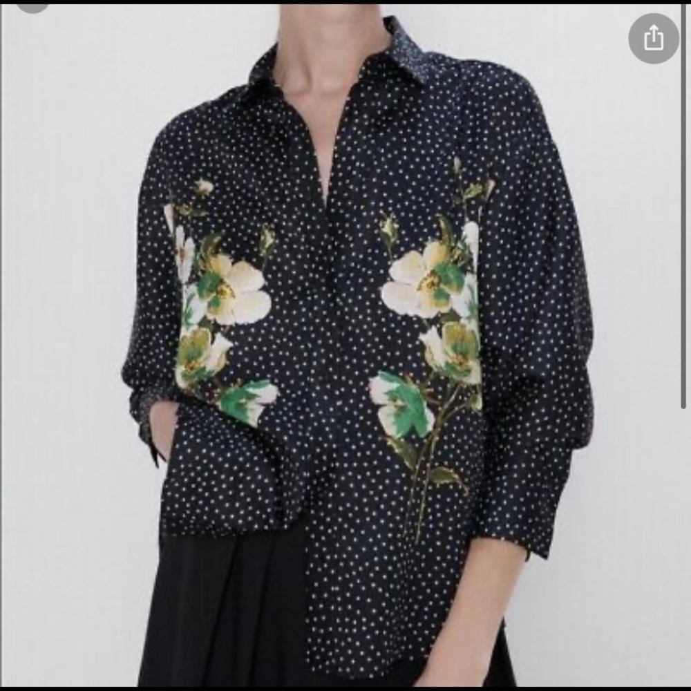 ZARA Polka Dot Floral Print Top Black Satin Long Sleeve Blouse
